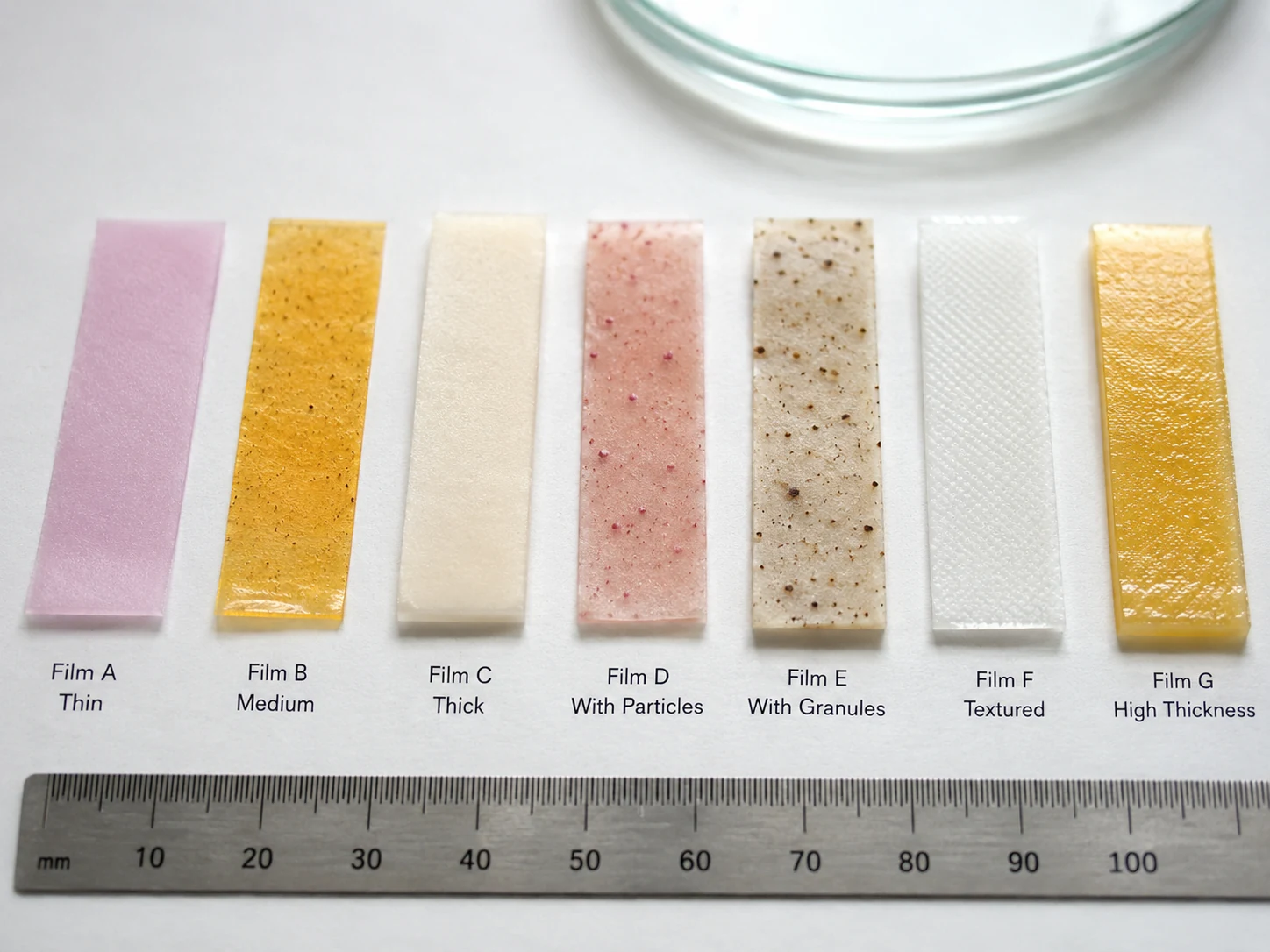 Oral strip samples with different colours and appearances