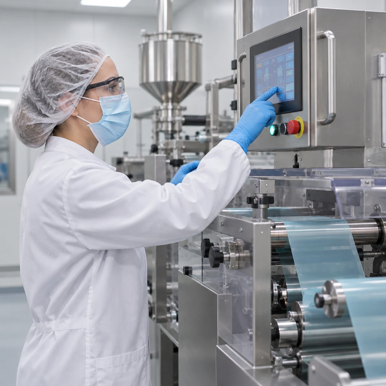 Factory operator using oral film machine touchscreen
