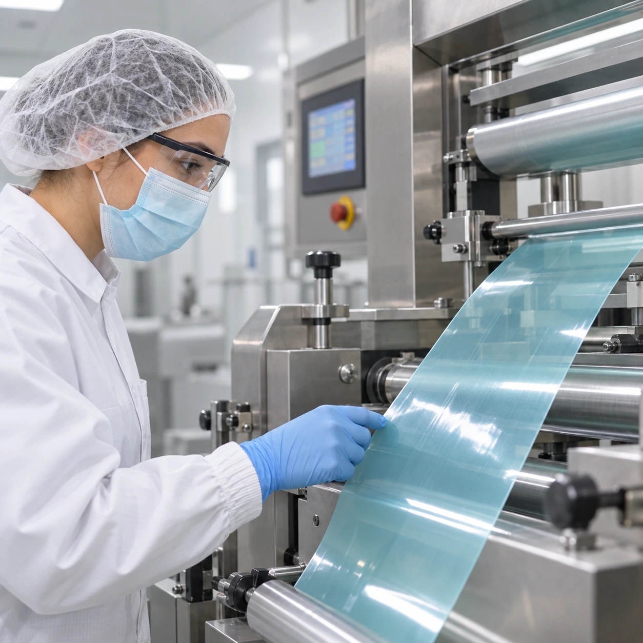 Factory worker inspecting oral film on the production line