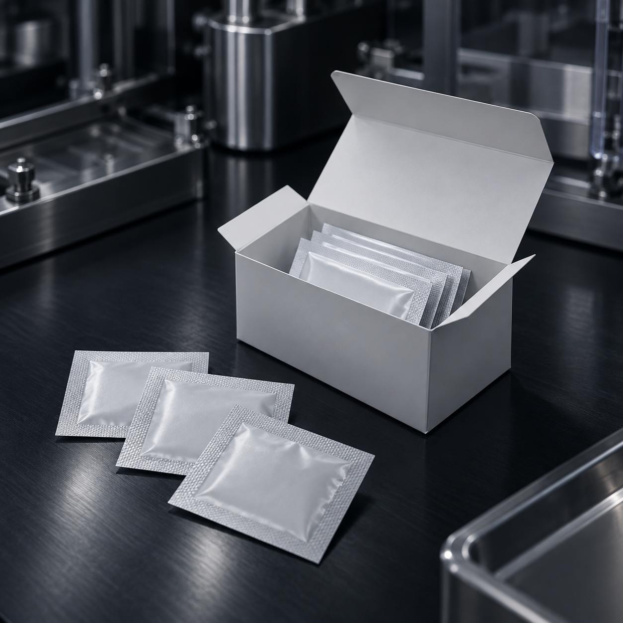 Pack stage with sachets and box